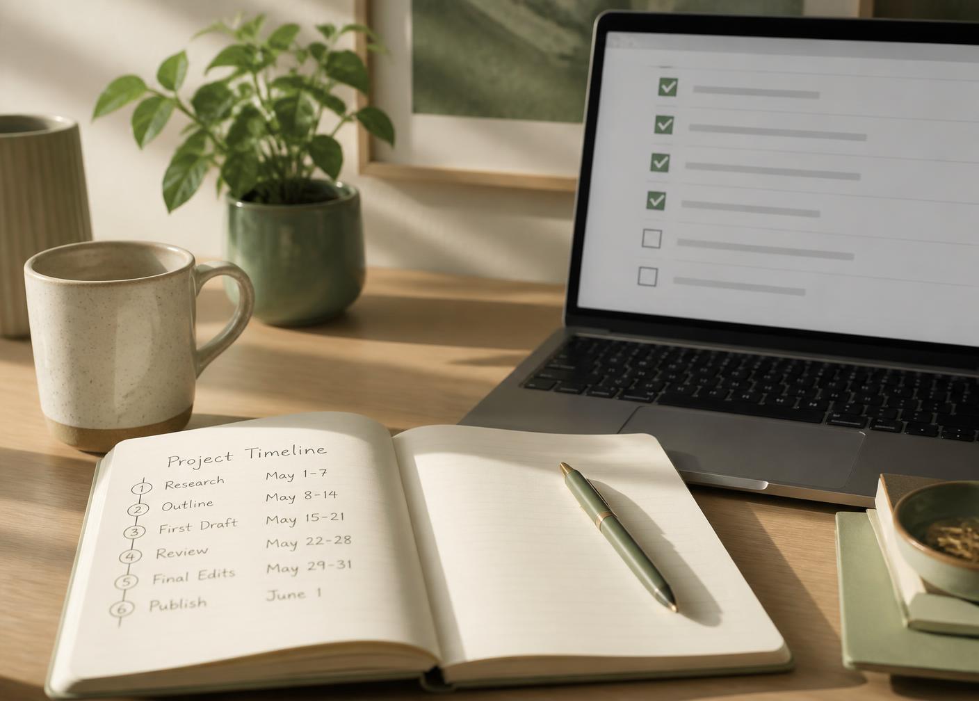 [Add image alt text] Notebook with a project timeline beside a laptop showing a task checklist